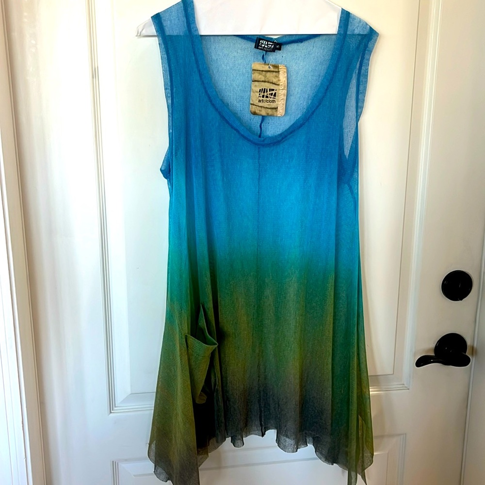 NWT Art of Cloth Lagenlook boho green and blue hombre, long sheer top small - Picture 1 of 7